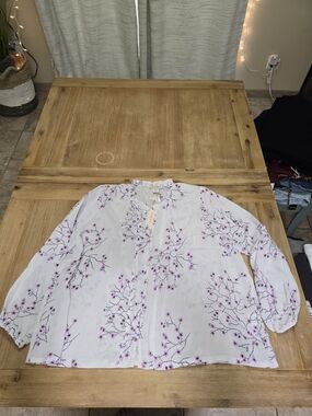 Laura Ashley White Floral Button-Front Blouse with Purple/pink Blossoms